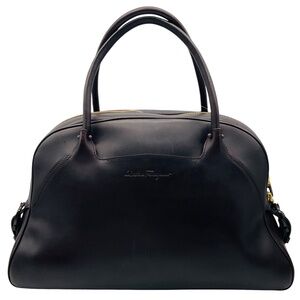 SALVATORE FERRAGAMO DARK BROWN DOUBLE TOP HANDLE LEATHER HANDBAG